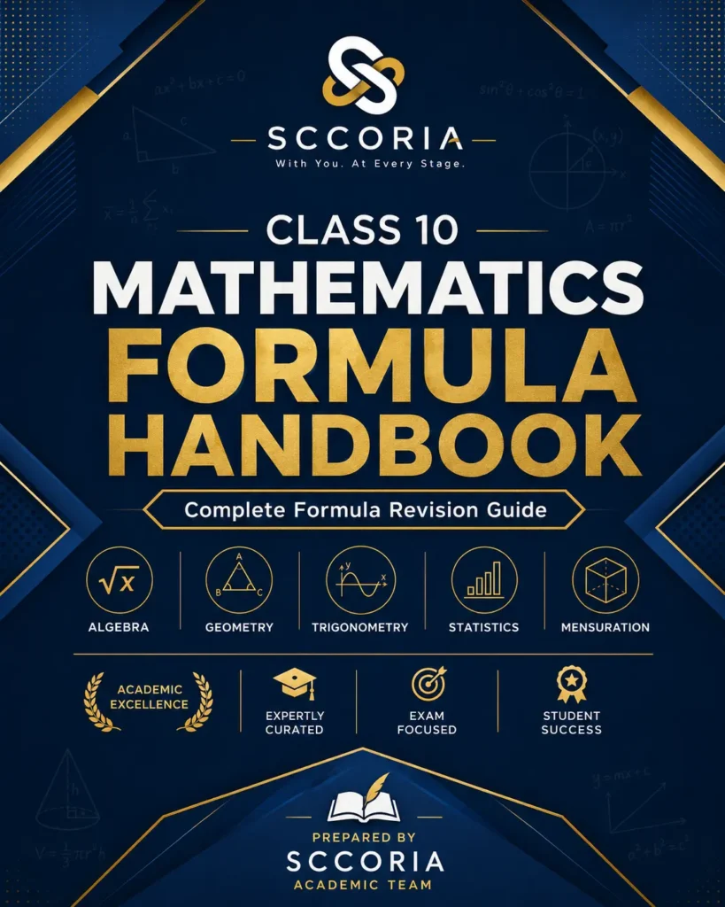 Class 10 Mathematics Formula Handbook by SCCORIA Complete Formula Revision Guide covering Algebra Geometry Trigonometry Statistics and Mensuration